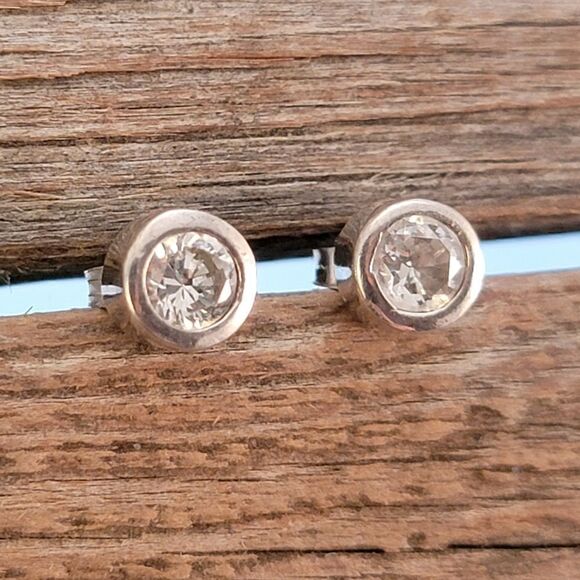 Sterling Silver Bezel Set Round CZ Stud Earrings - Picture 2 of 5